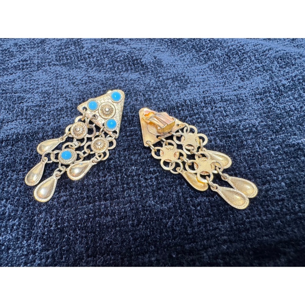 Vintage Gold & Turquoise Tone Chandelier Clip Earrings Egyptian Revival Ethnic - Picture 2 of 5